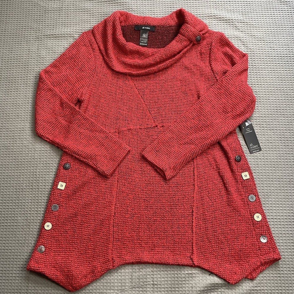 New Ali Miles Tunic Sweater Large Womens Red Black Marl Button Accent Cowl Neck